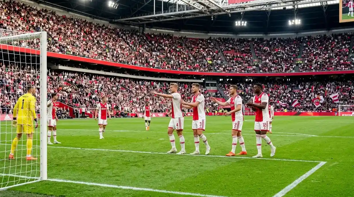 Defensa del Ajax en acción defendiendo en el Johan Cruyff Arena durante un partido de liga